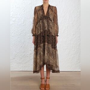 Zimmermann Brown and Cream Long Sleeve Midi Dress Size 0
